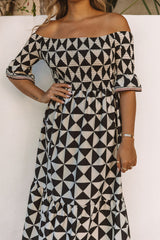 Black Printed Smocked Off Shoulder Ruffle Sleeve Maxi Dress