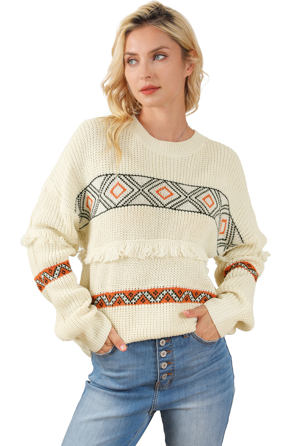 Snow White Western Geometric Print Tasseled Textured Sweater