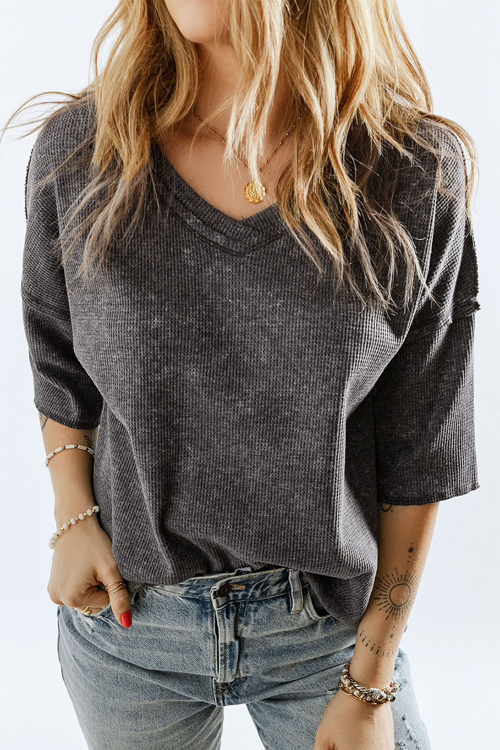 Gray Waffle Knit Seamed Half Sleeve V Neck Top