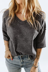 Gray Waffle Knit Seamed Half Sleeve V Neck Top