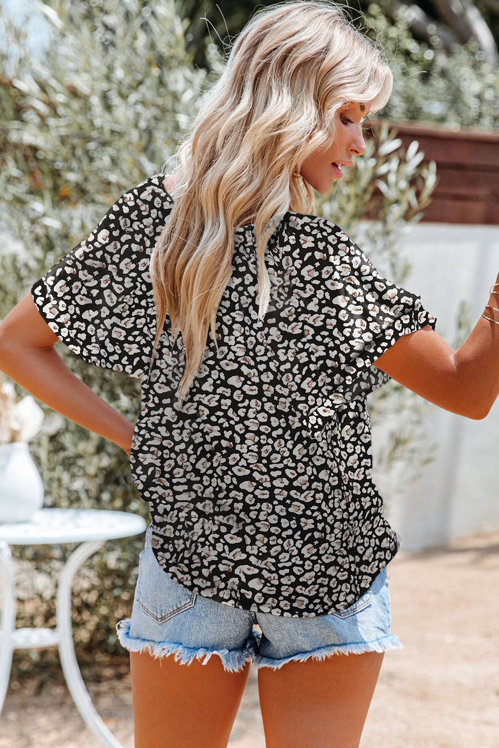 White Floral Print Drape V Neck Short Sleeve Blouse