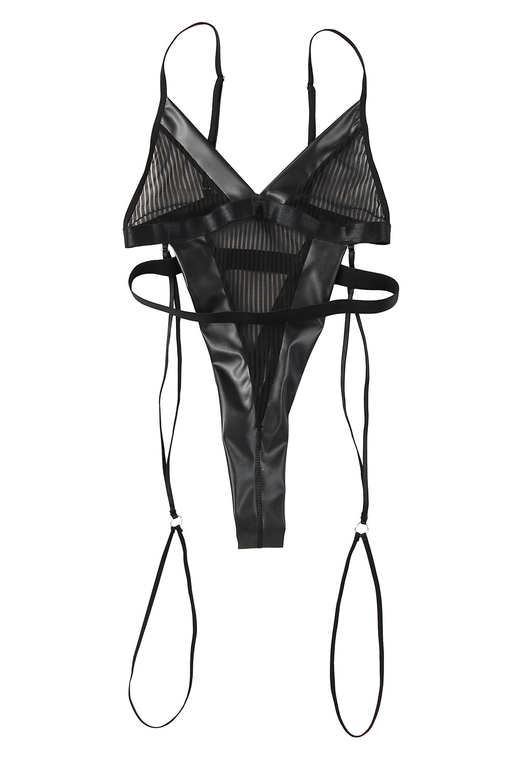 Black Sheer Striped Faux Leather Trim Garter Belt Teddy Lingerie