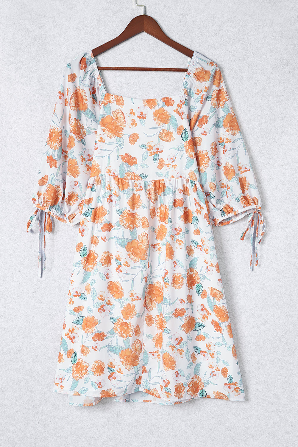 Orange Plus Size Square Neck Tie Sleeve Floral Dress