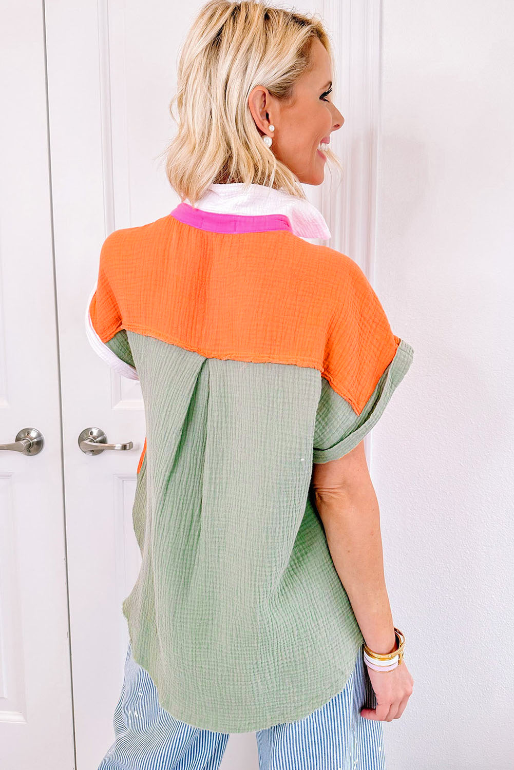 Rose Crinkled Colorblock Raw Hemline Short Sleeves Shirt