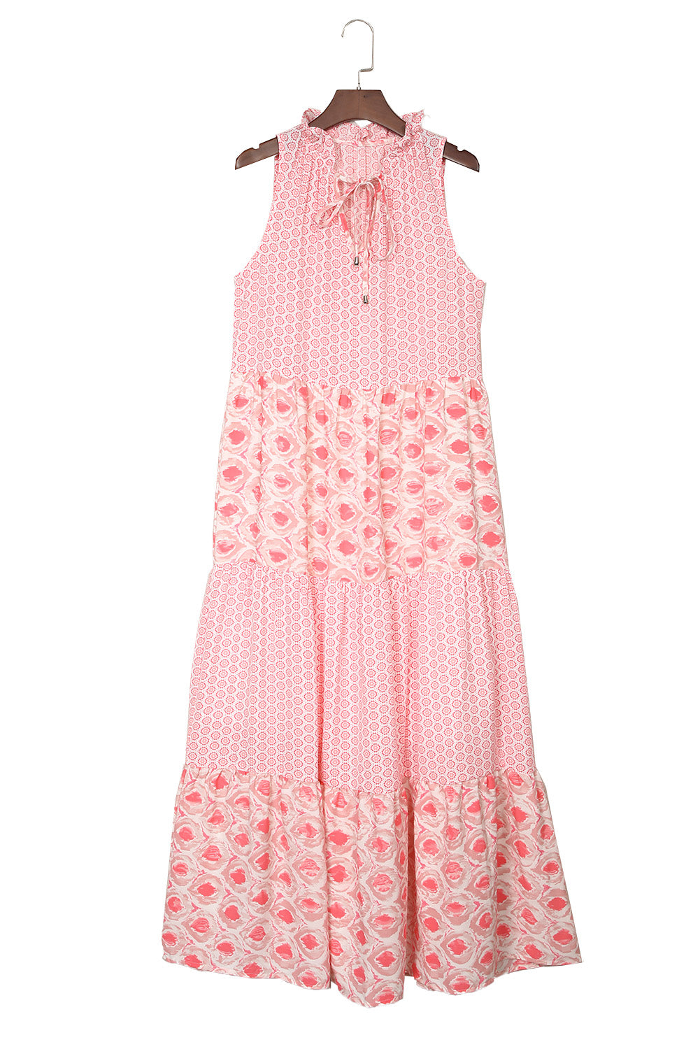 Pink Abstract Print Split Neck Sleeveless Maxi Dress