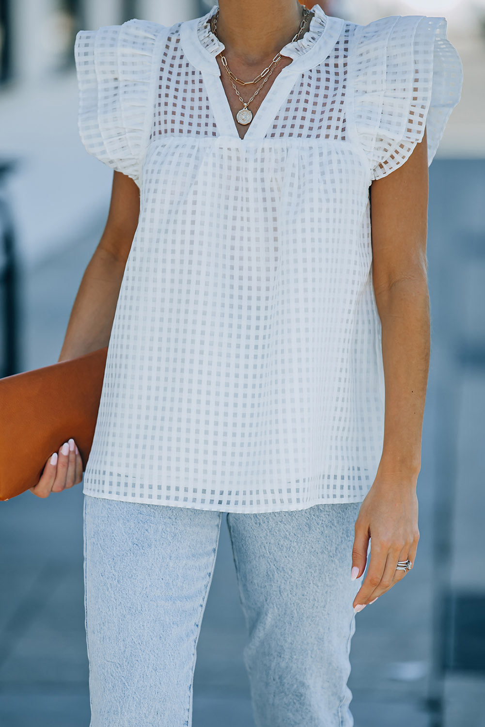 White Grid Pattern Ruffled Shoulder Top