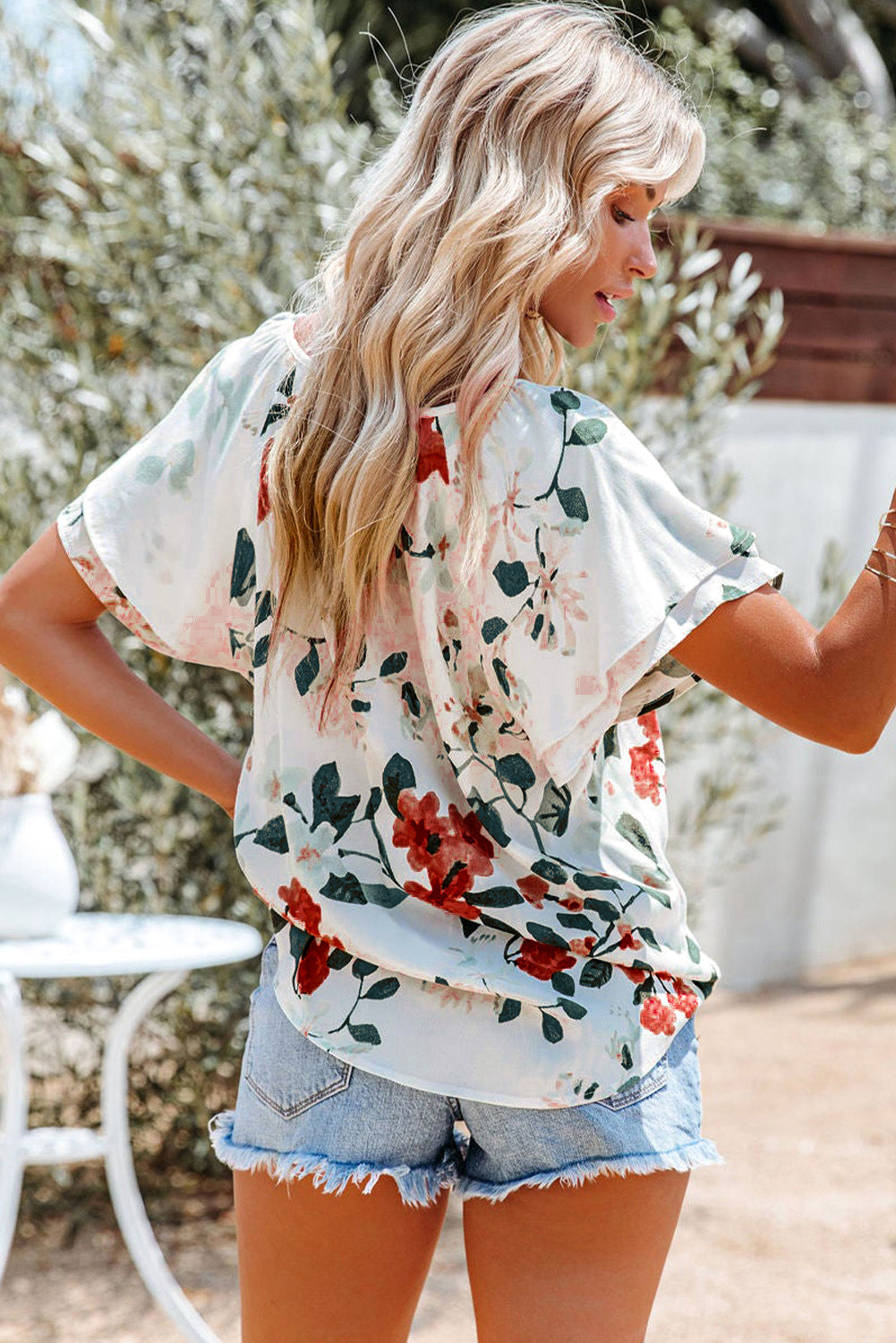 White Floral Print Drape V Neck Short Sleeve Blouse