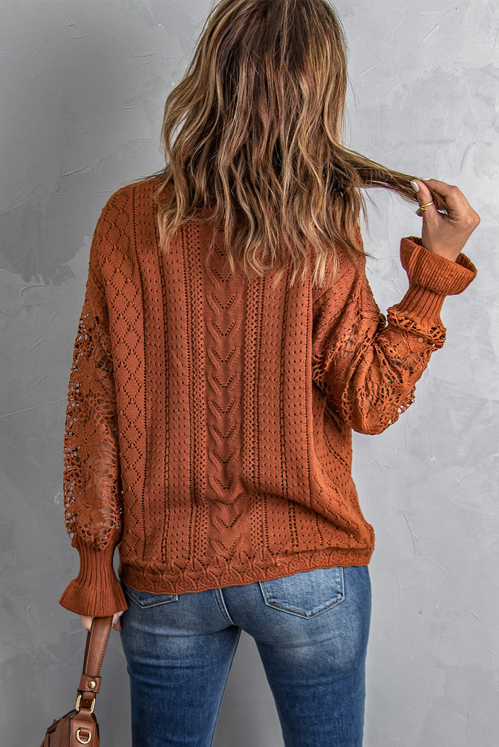 Blue Crochet Lace Pointelle Knit Sweater