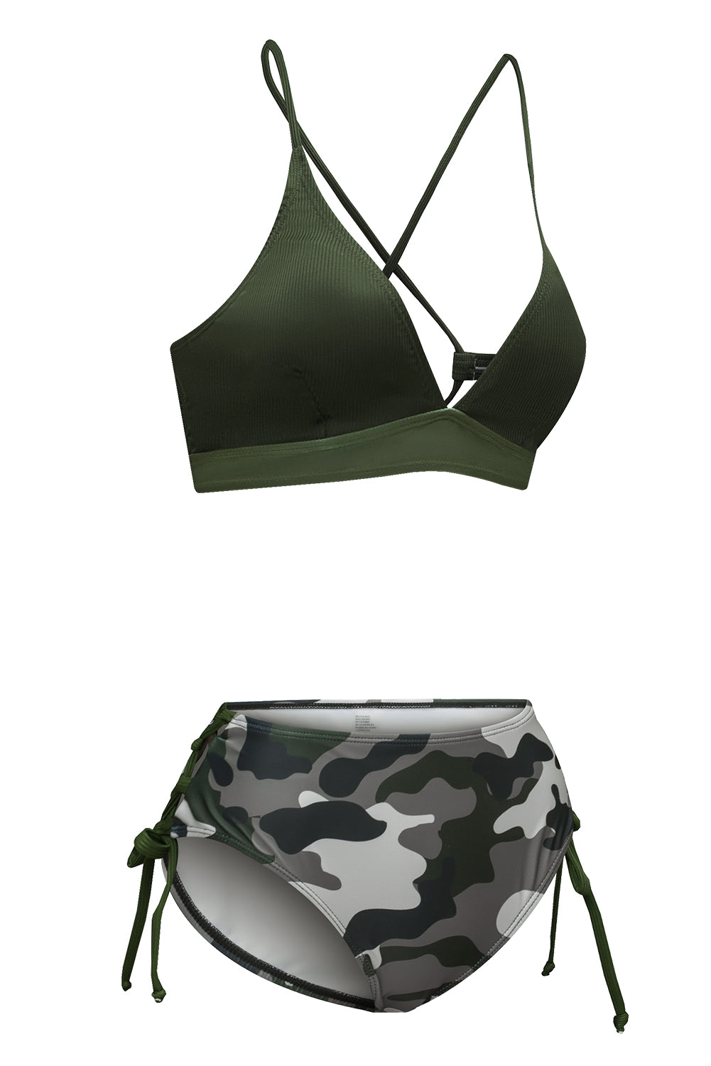 Green Ribbed Halter Camo Lace up Bikini Swimsuit