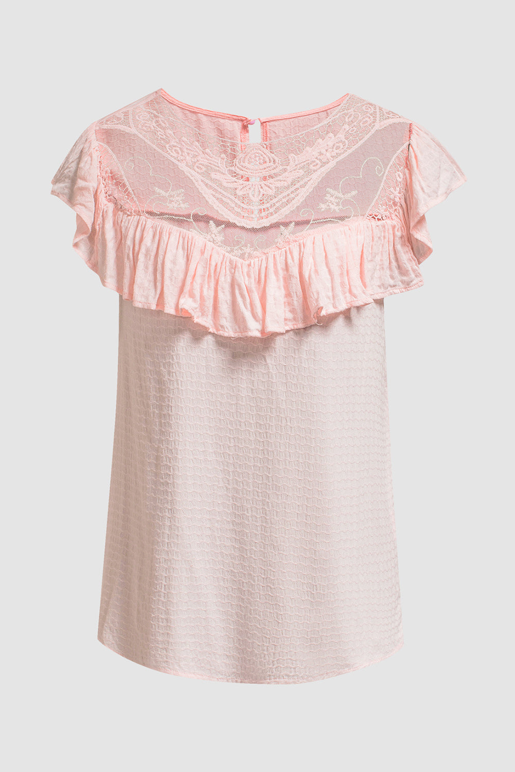 Pink Lace Splicing Ruffled Short Sleeve T-shirt