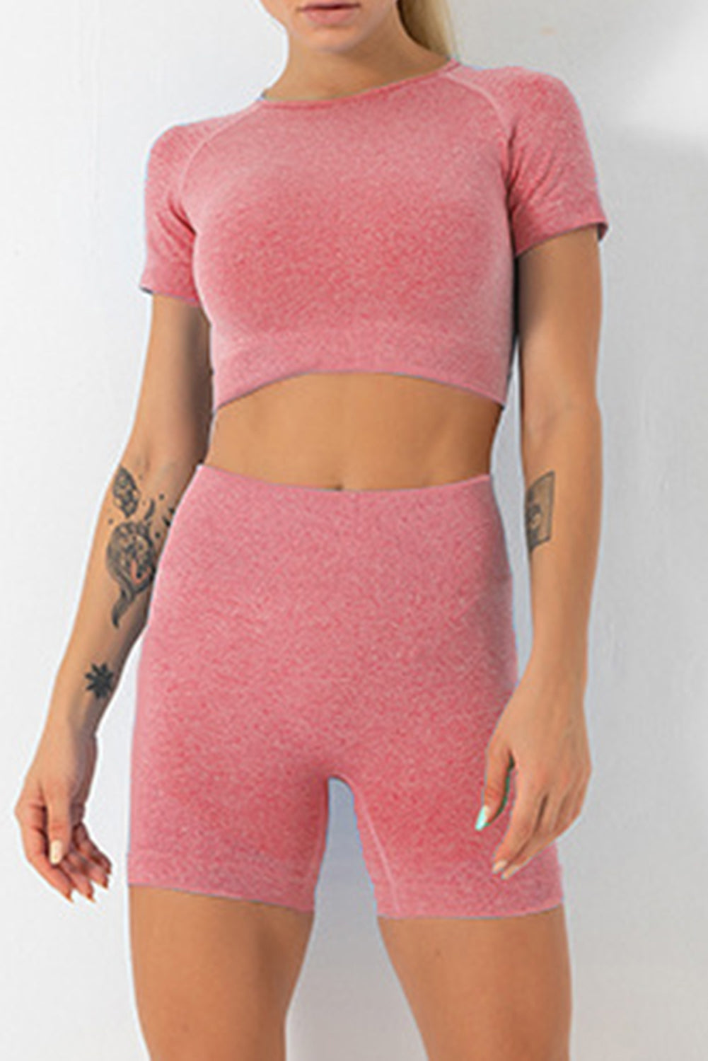 Rose Solid Crop Top and High Waist Shorts Yoga Set