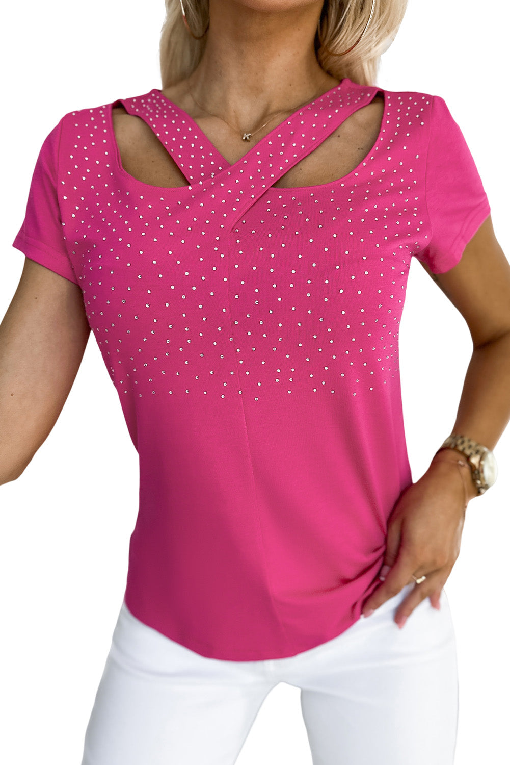 Rose Rhinestone Criss Cross Short Sleeve T Shirt