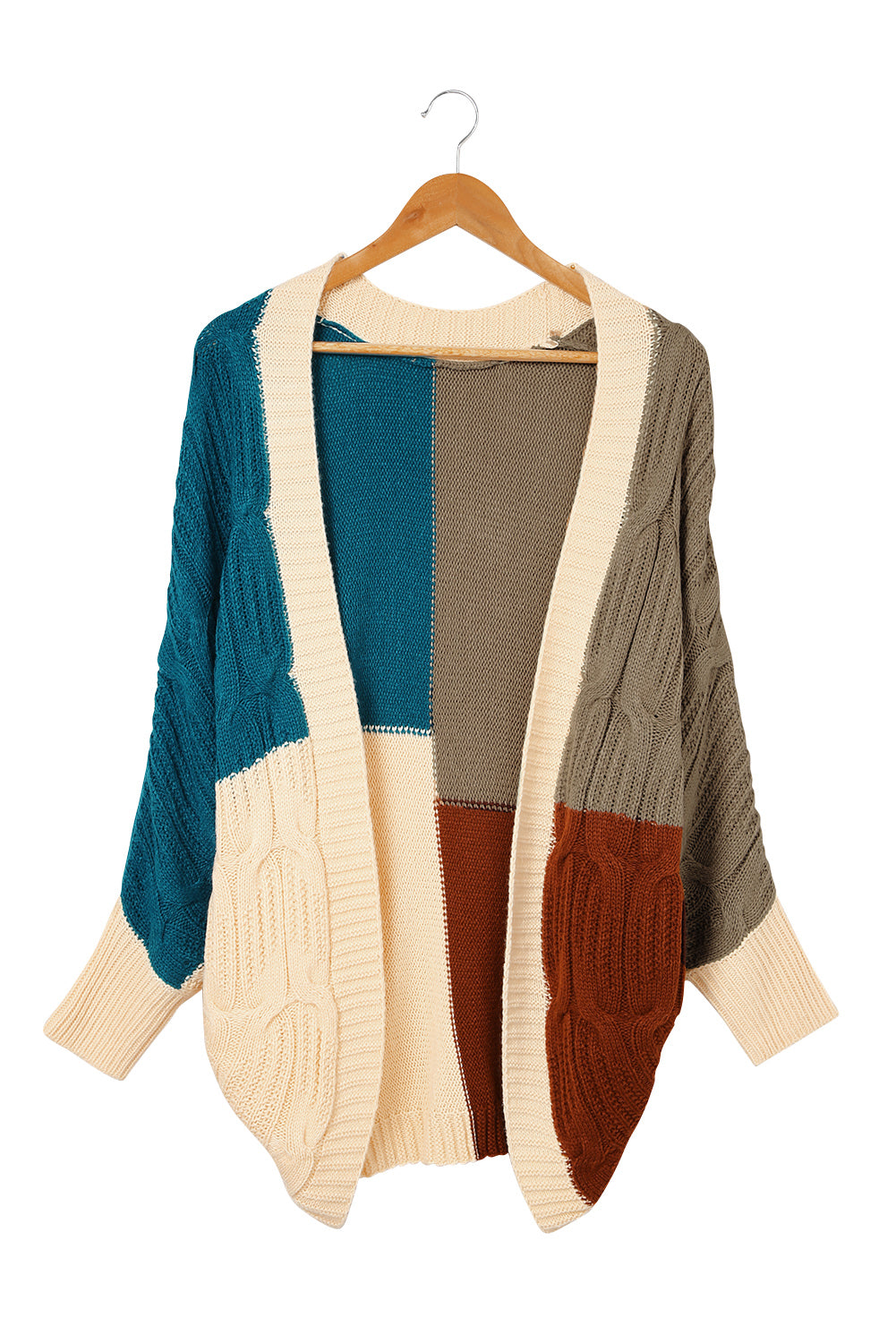 Brown Color Block Loose Open Front Knitted Cardigan