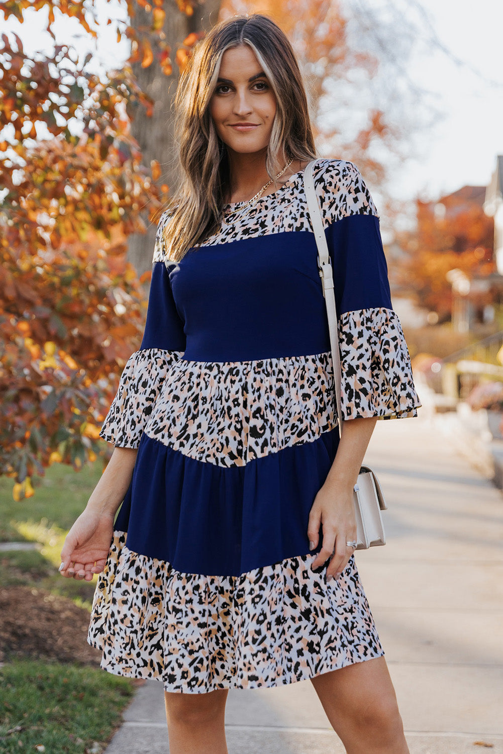 Leopard Splicing High Waist Long Sleeve Dress