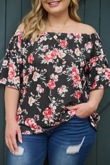 Black Floral Print Off Shoulder Plus Size Blouse