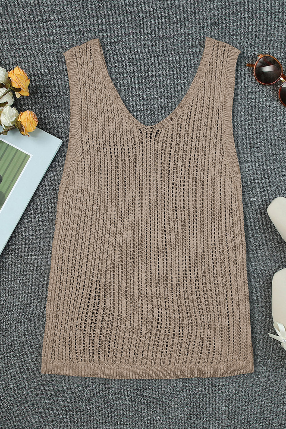 Green Hollowed Knit V Neck Tank Top