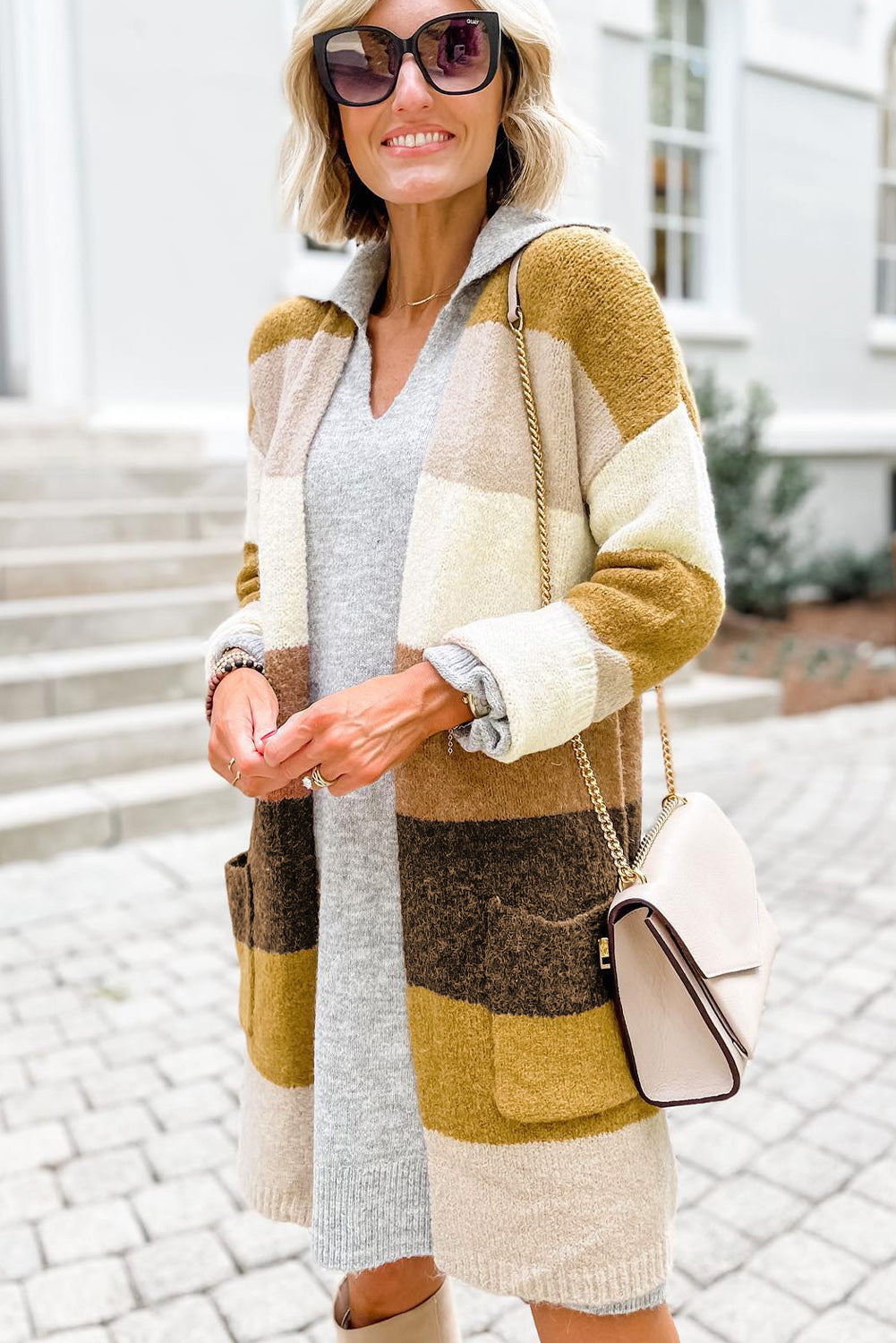 Stripe Colorblock Open Front Pocketed Cardigan