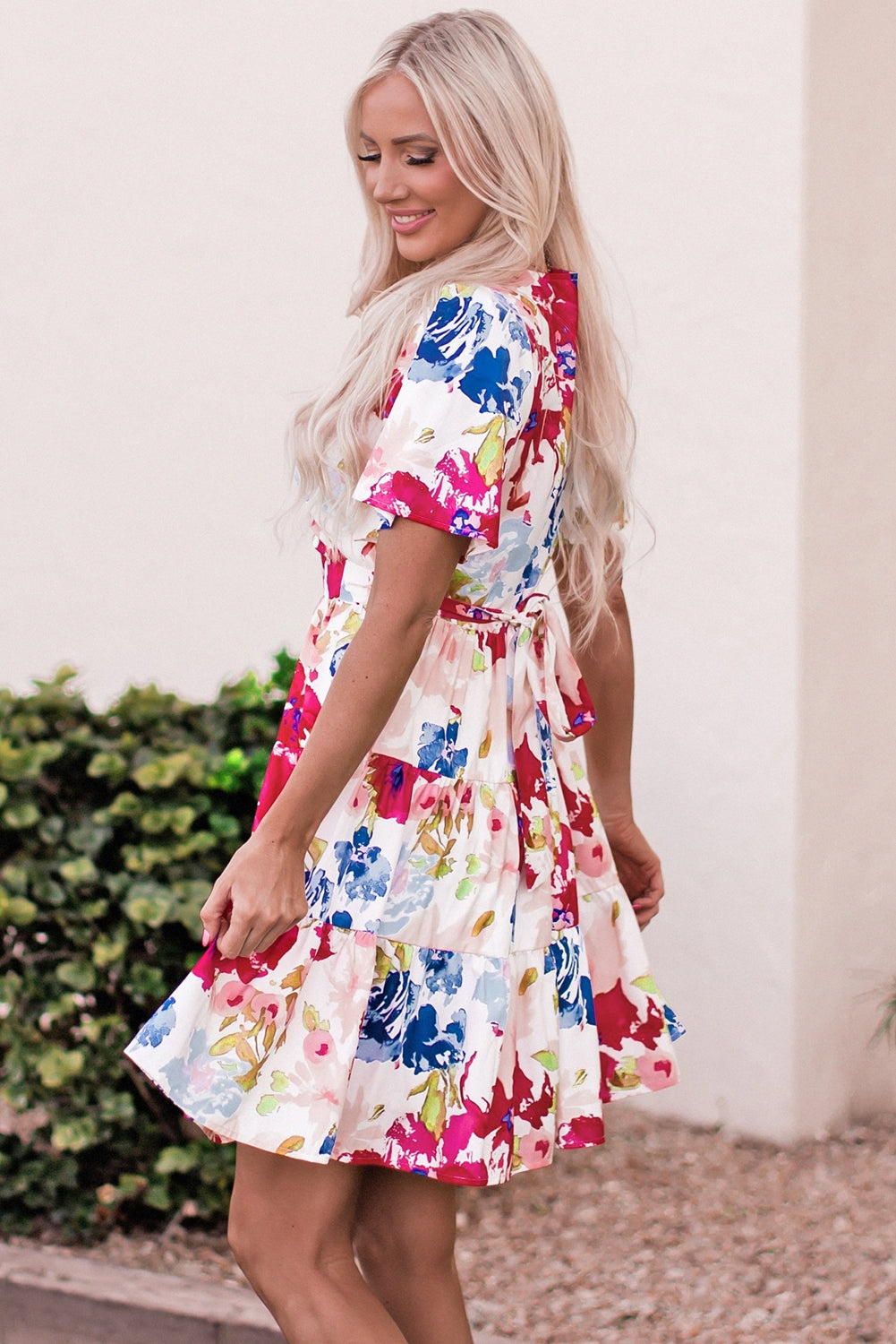 Multicolor Sweet Floral Wrap V Neck Skater Dress