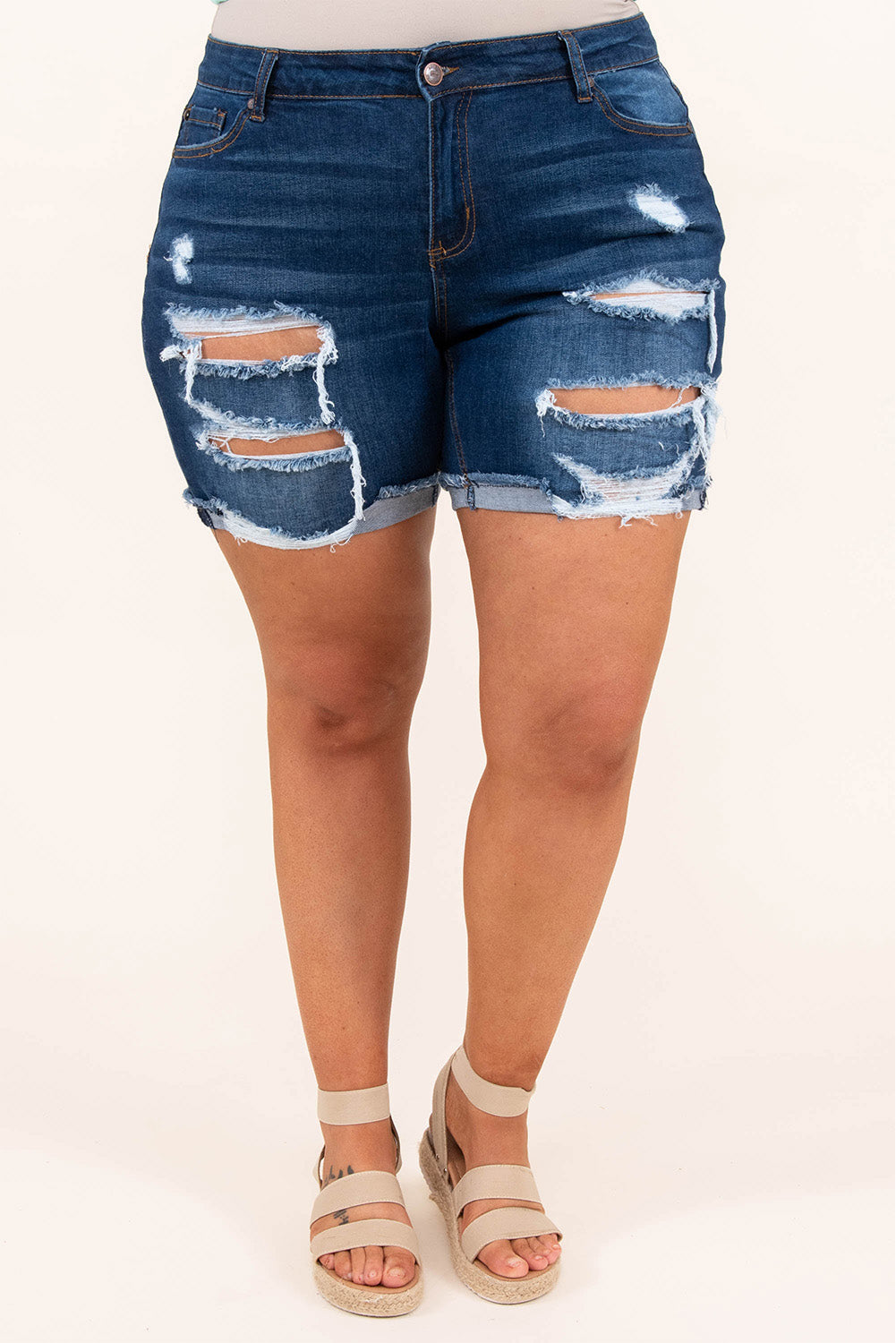 Blue Plus Size Rolled Hem Distressed Denim Shorts