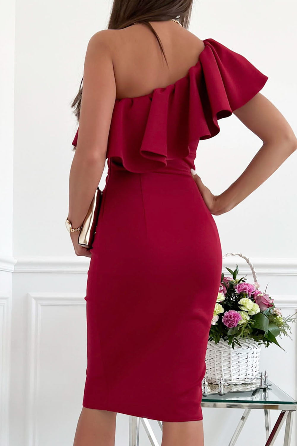 Red Ruffled One Shoulder Ruched Slit Bodycon Dress