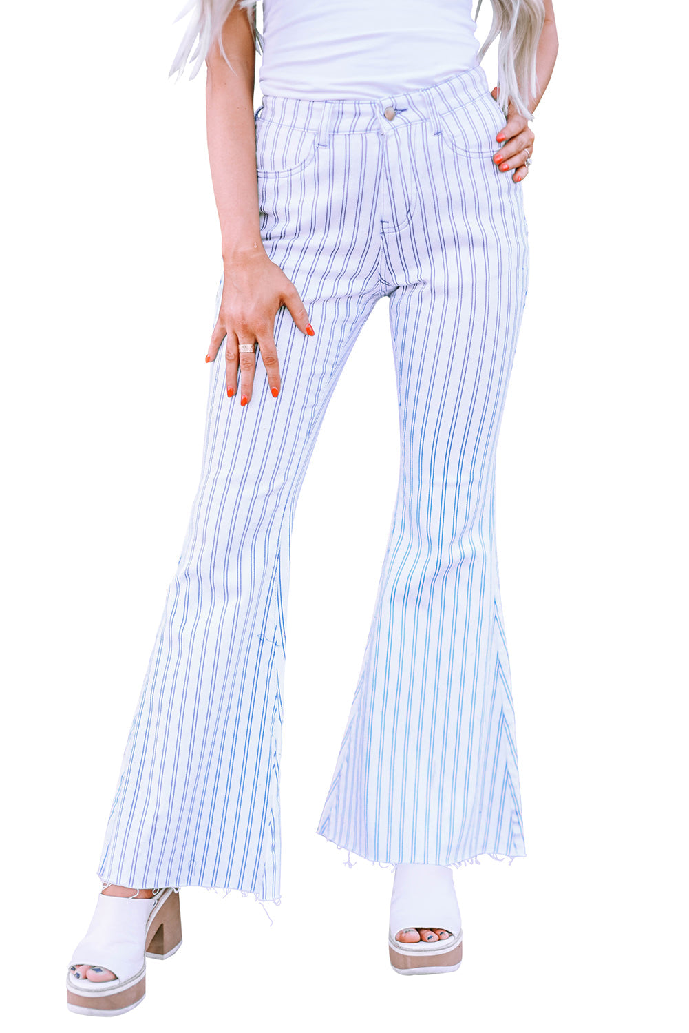 White High Waist Striped Print Flared Pants