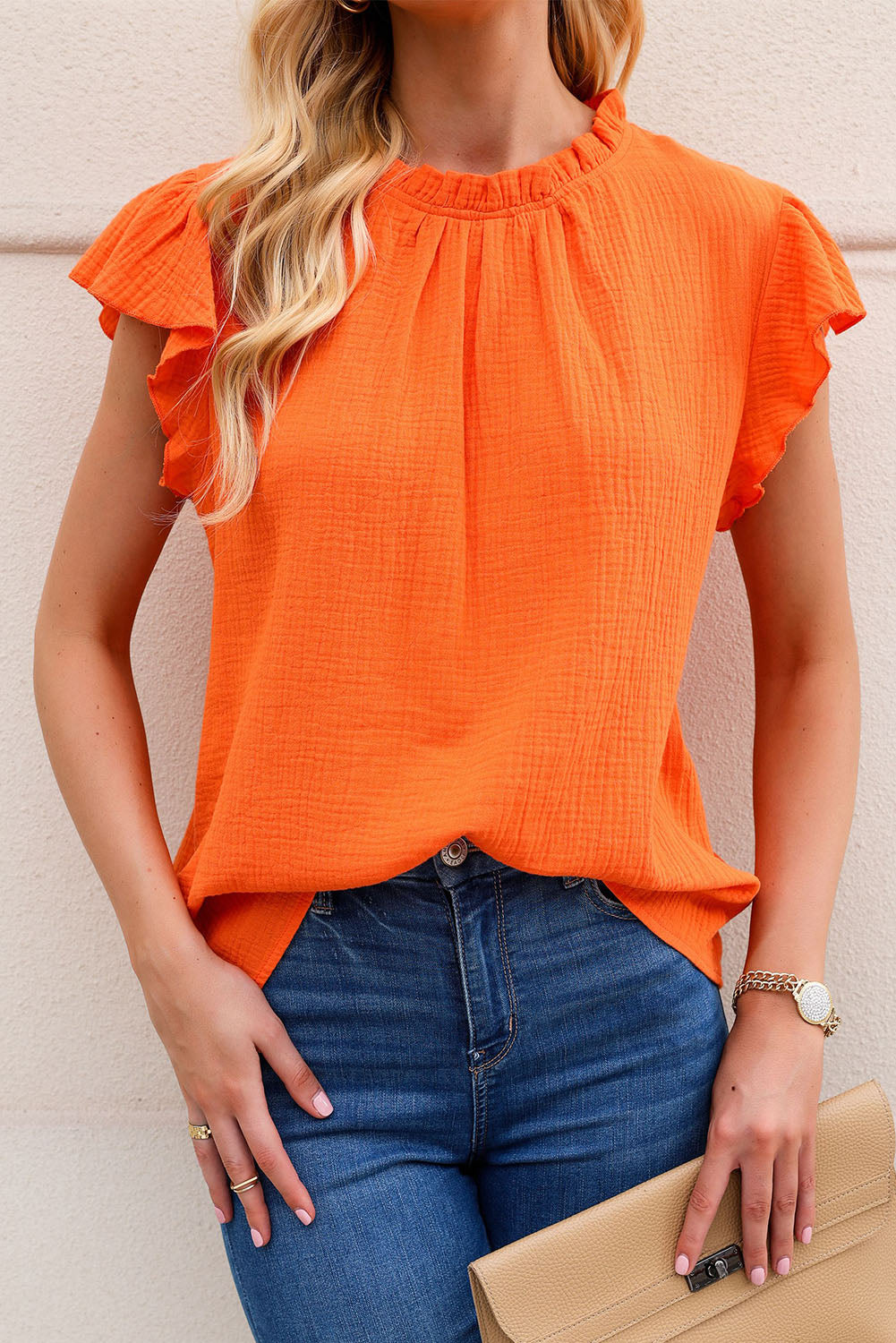 Rose Flutter Sleeve Frilled Neck Textured Blouse