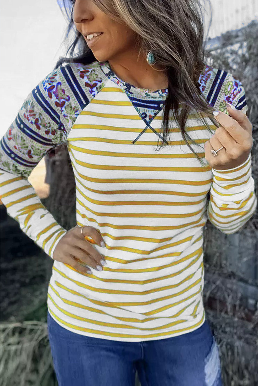 Striped Cartoon Graphic Raglan Sleeve Casual Blouse