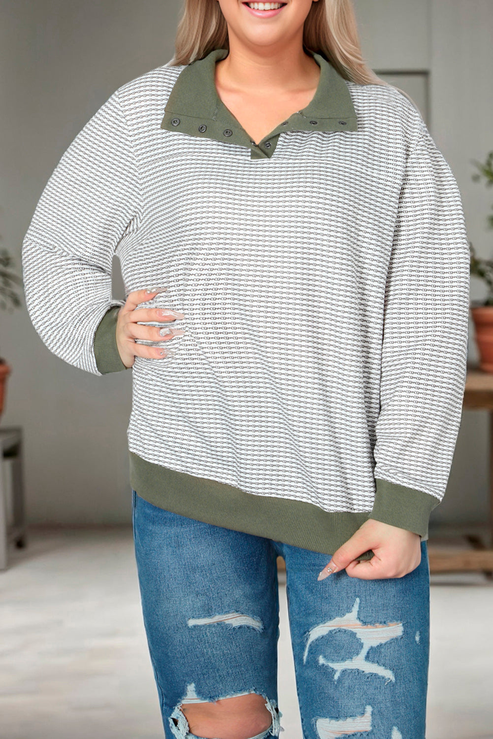 Green Striped Contrasting Trim Plus Size Henley Pullover