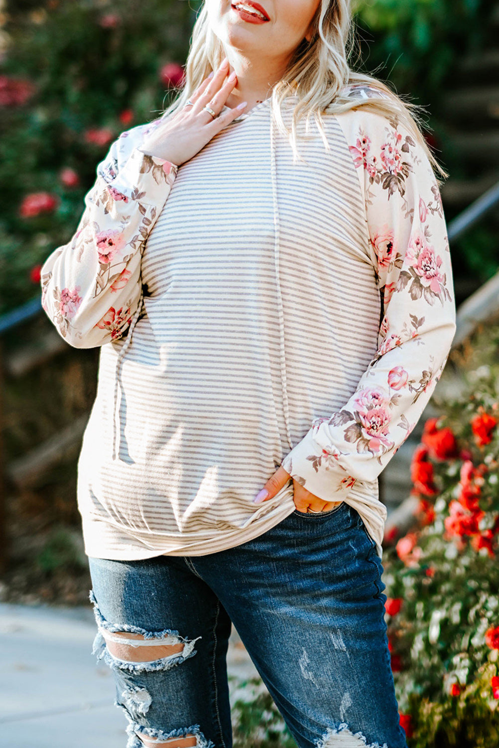 Stripe Plus Size Floral Raglan Sleeve Striped Hoodie