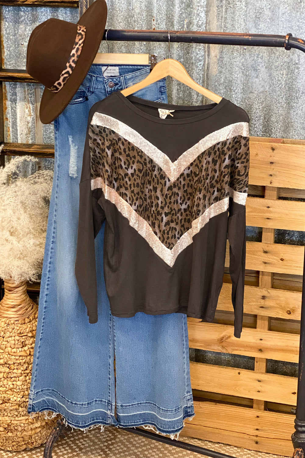 Brown Chevron Sequin Leopard Splicing Long Sleeve Top