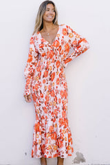 Orange Floral Print Shirred Fit and Flare Deep V Neck Midi Dress