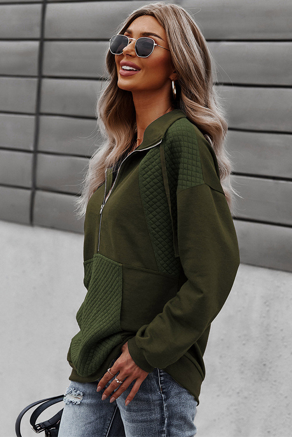 Quilted Patch Half Zipper Sweatshirt