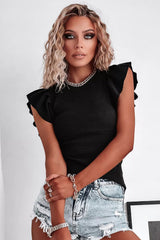 Black Rib Knitted Ruffle Sleeve U Neck Top