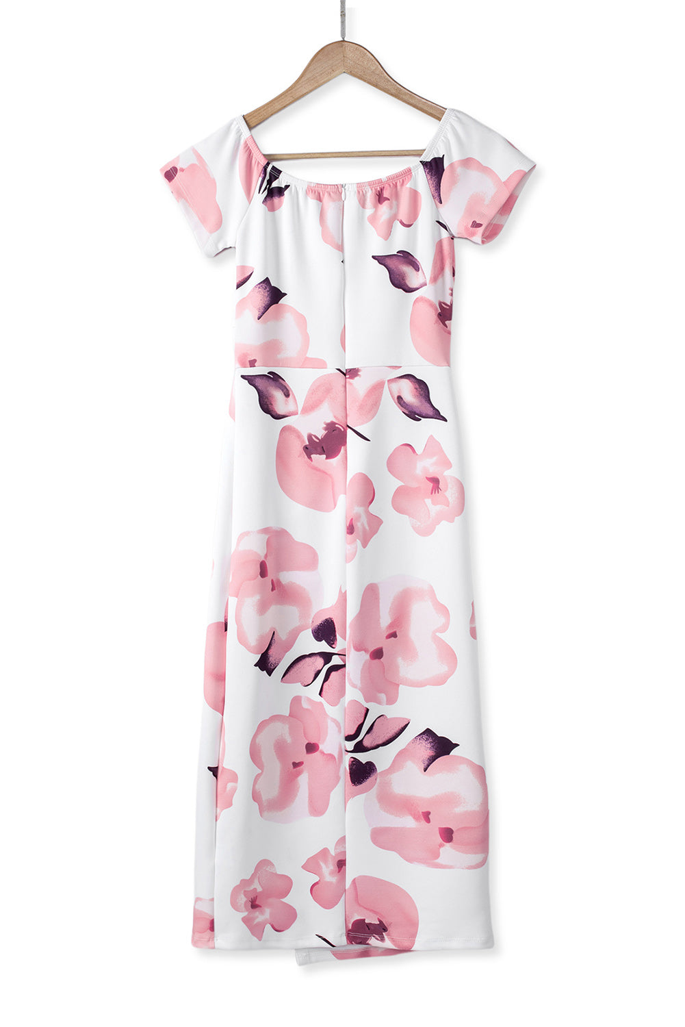 Pink Floral Print Off Shoulder Slit Bodycon Midi Dress