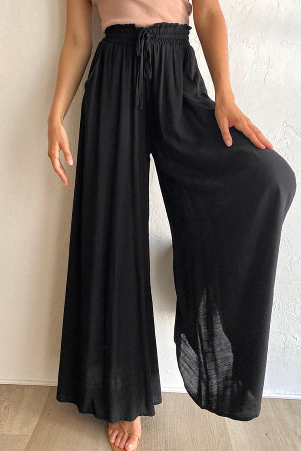 Beige Drawstring Smocked High Waist Wide Leg Pants