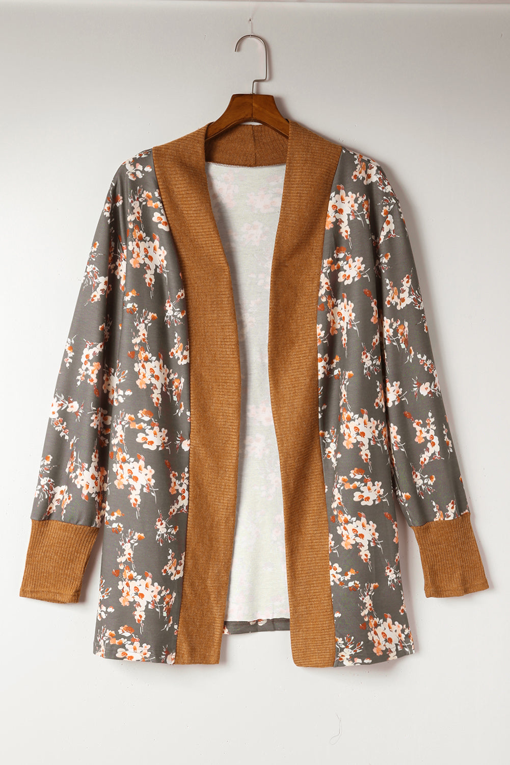 Brown Floral Patchwork Knitted Plus Size Cardigan