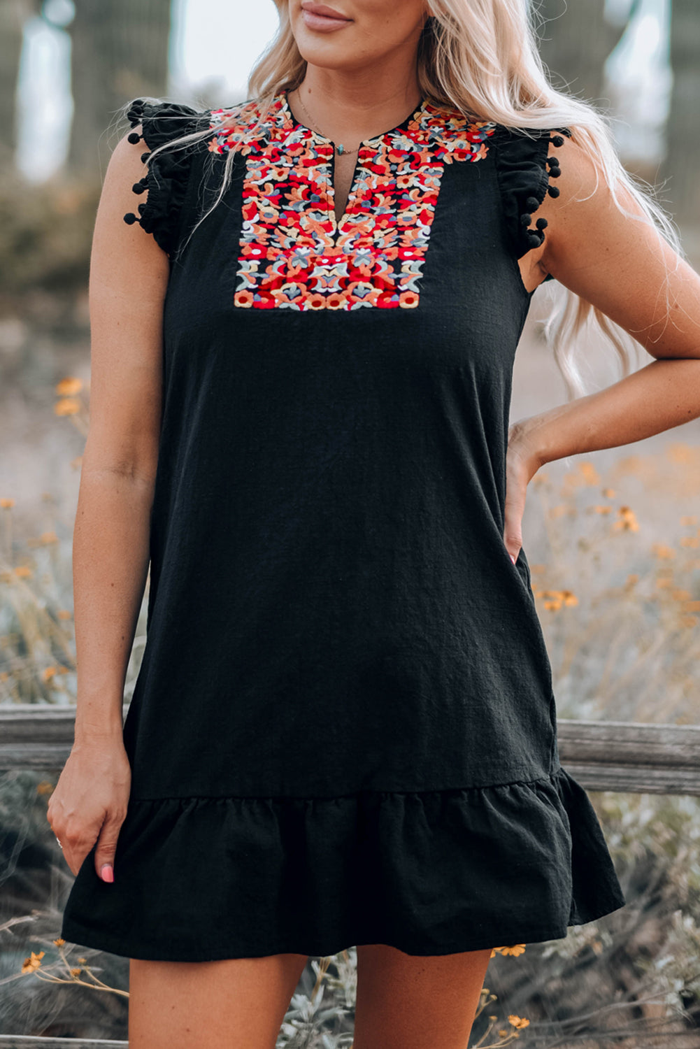 Black Boho Print Pompom Sleeve Shift Dress