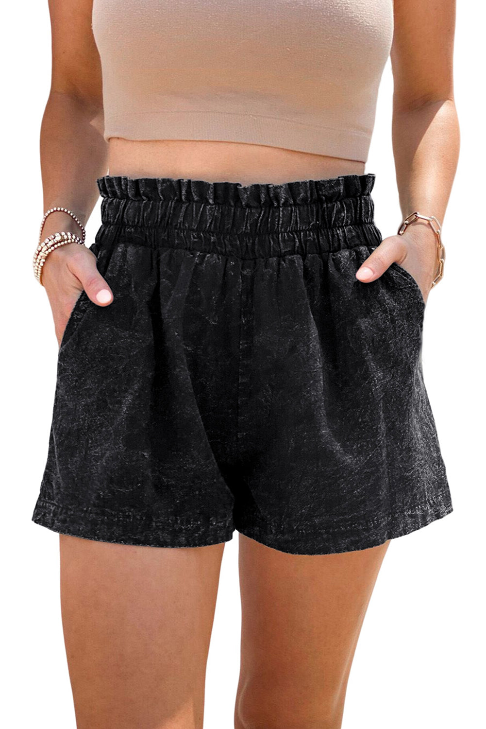 Black Retro Bleach-washed Ruffled Elastic High Waist Denim Shorts