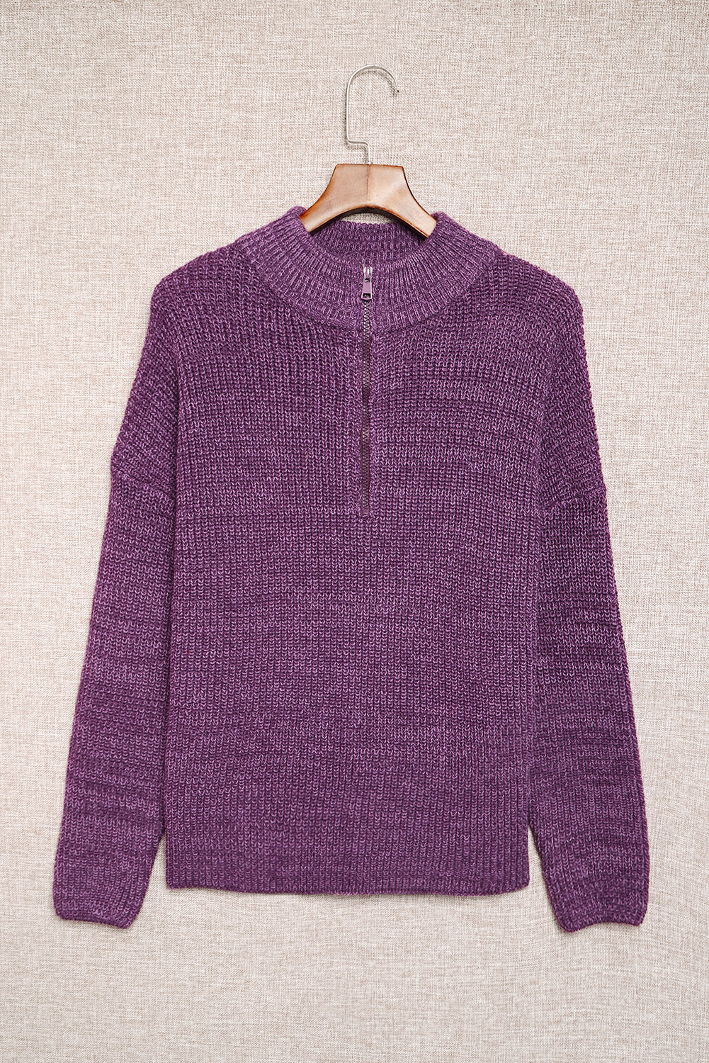 Red Zipped Turtleneck Drop Shoulder Knit Sweater