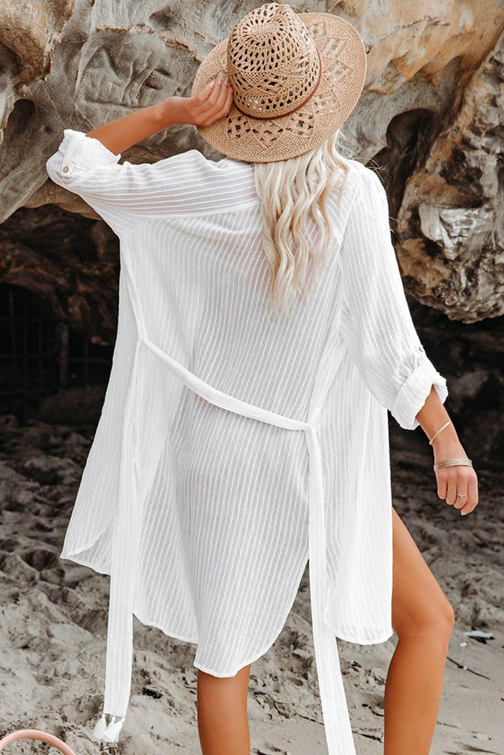 White Striped Shirt Dress Beach Cover up with Belt