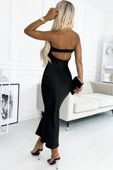 Black Satin Backless Tube Top Maxi Dress