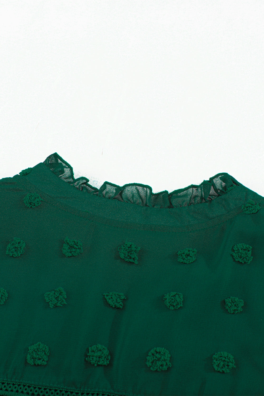 Green Ruffled Split Neck Lace Hollow Out Puff Sleeve Polka Dot Blouse