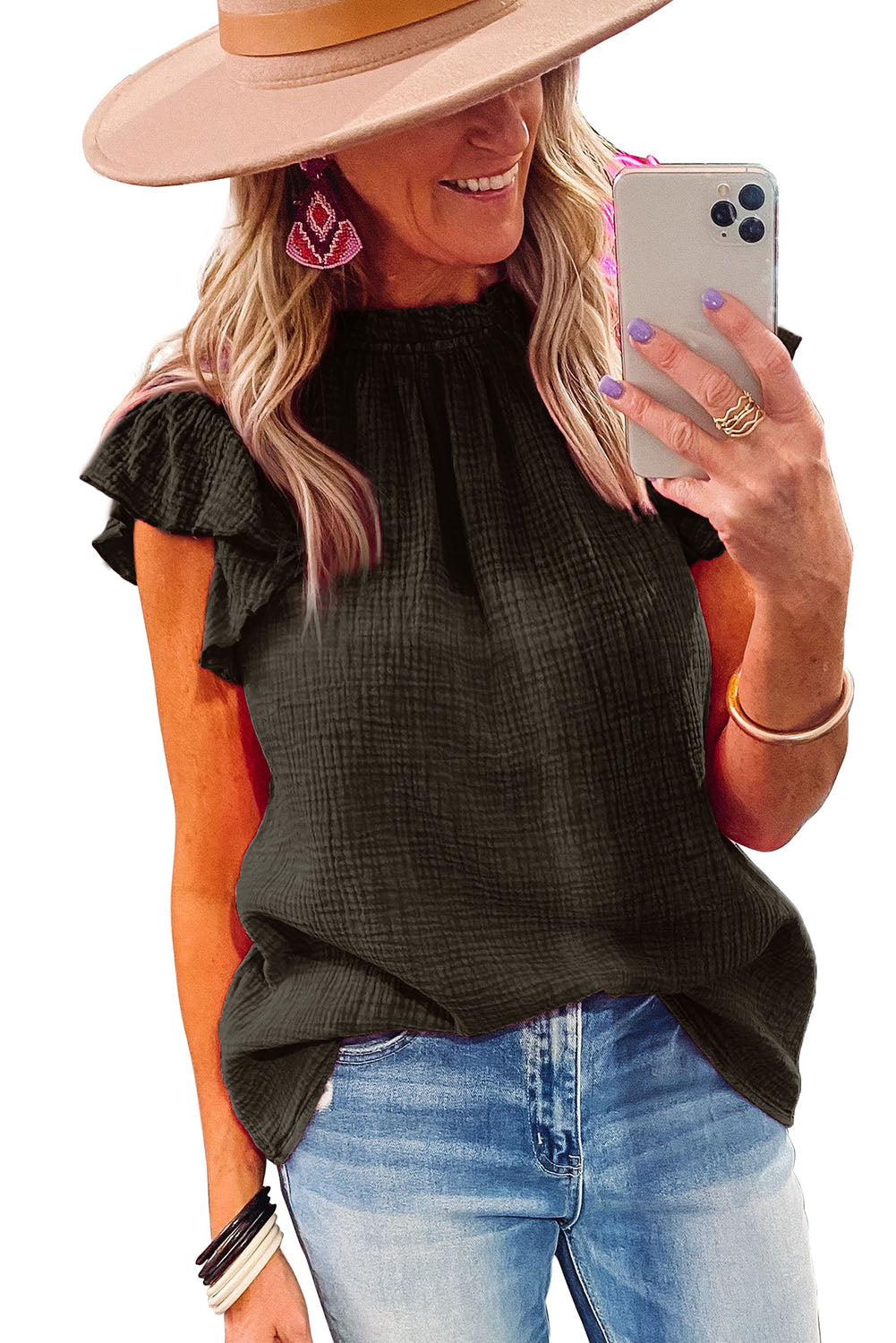 Rose Flutter Sleeve Frilled Neck Textured Blouse