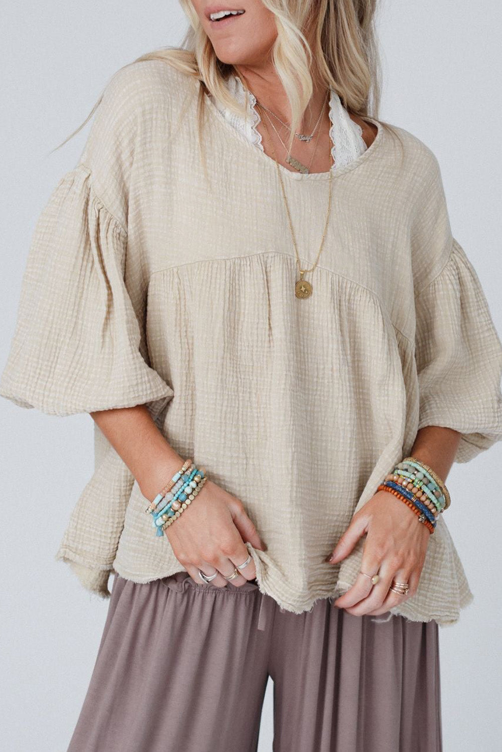 Beige Textured Bubble Sleeves Top