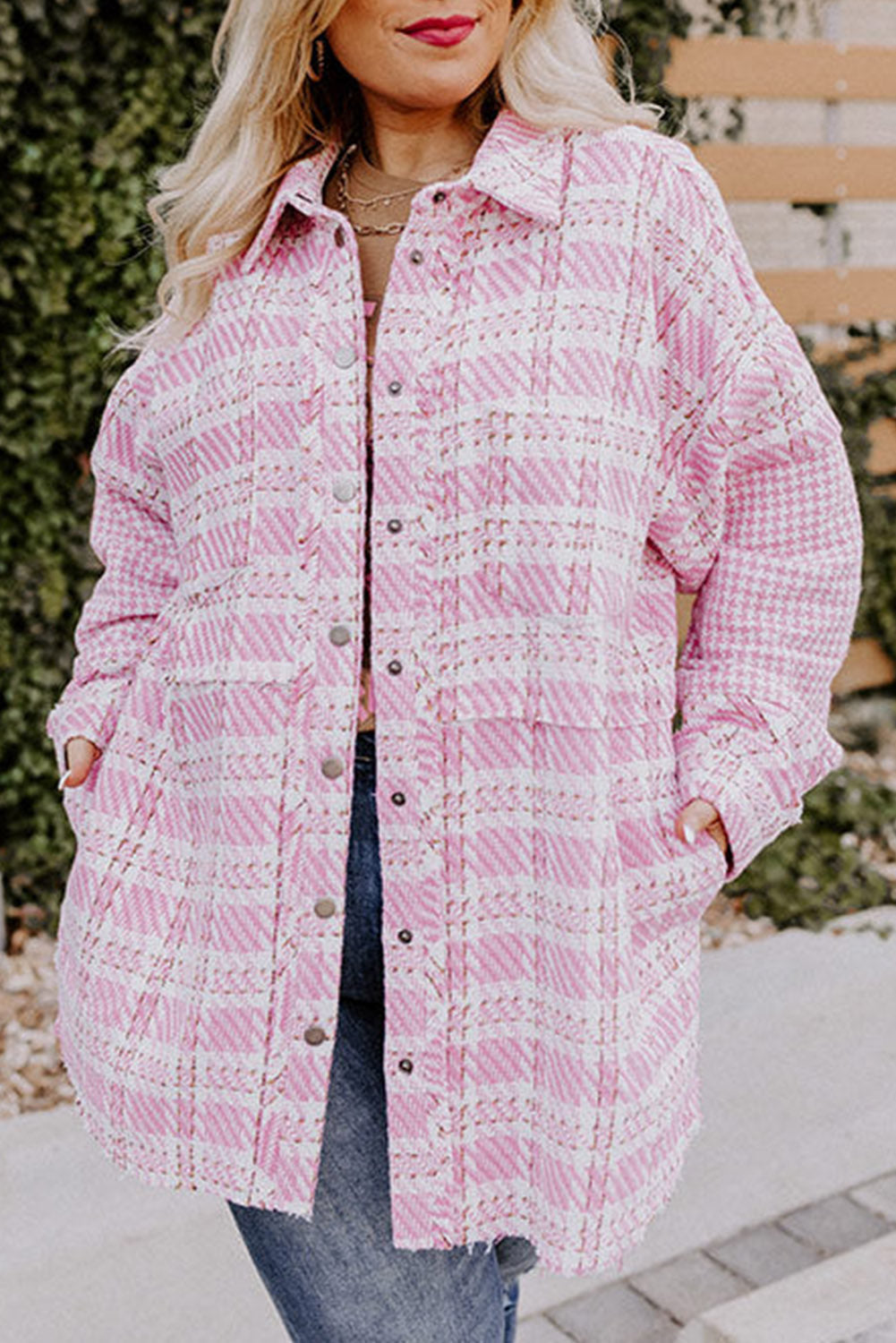 Pink Plus Size Tweed Plaid Houndstooth Print Jacket