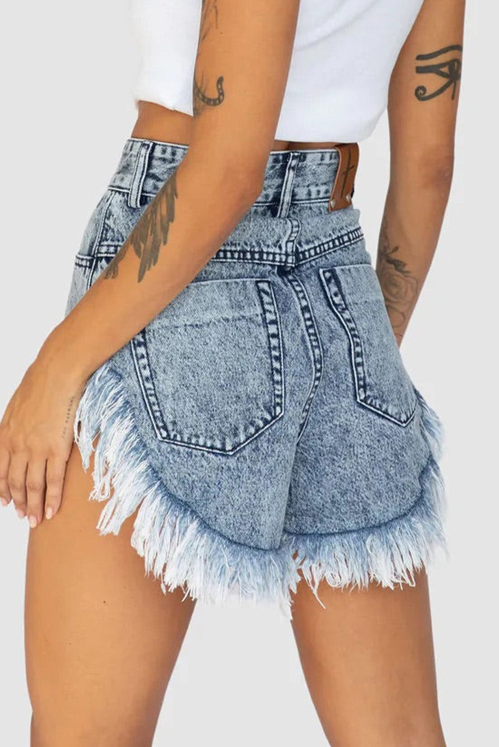 Sky Blue Dark Acid Wash Raw Hem Jean Shorts