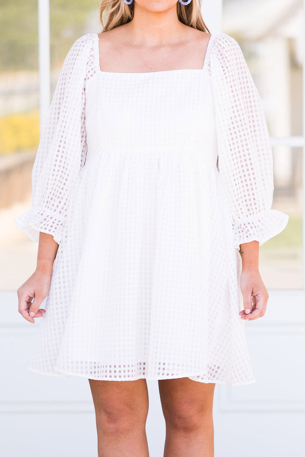 White Gingham Square Neck Puff Sleeve Plus Size Dress