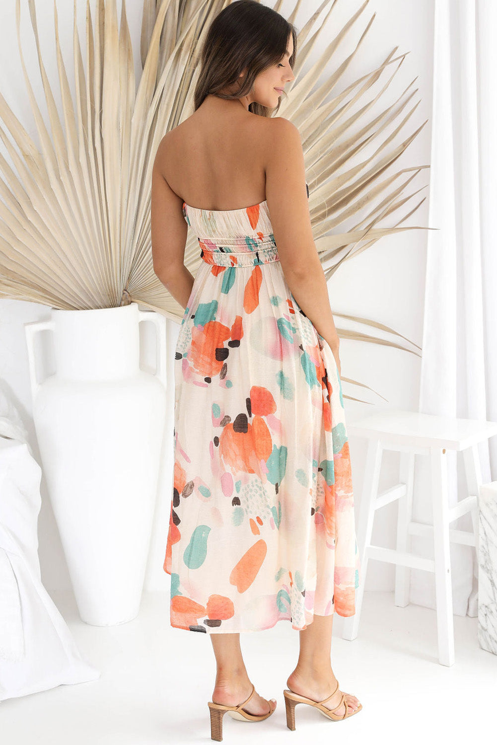 Khaki Strapless Shirred Abstract Print Split Long Dress