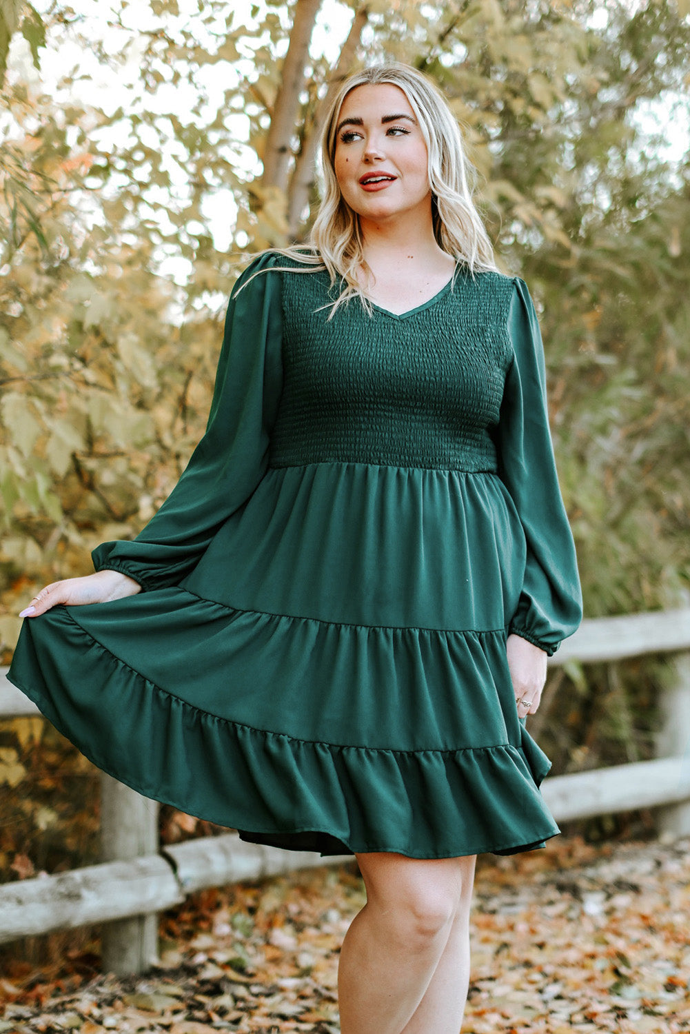 Green Smocked Tiered Plus Size Dress