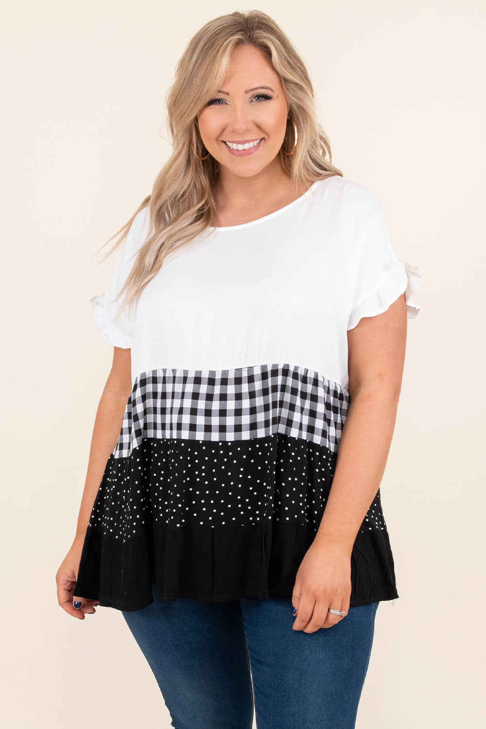 White Plaid Dot Ruffled Plus Size Babydoll Top